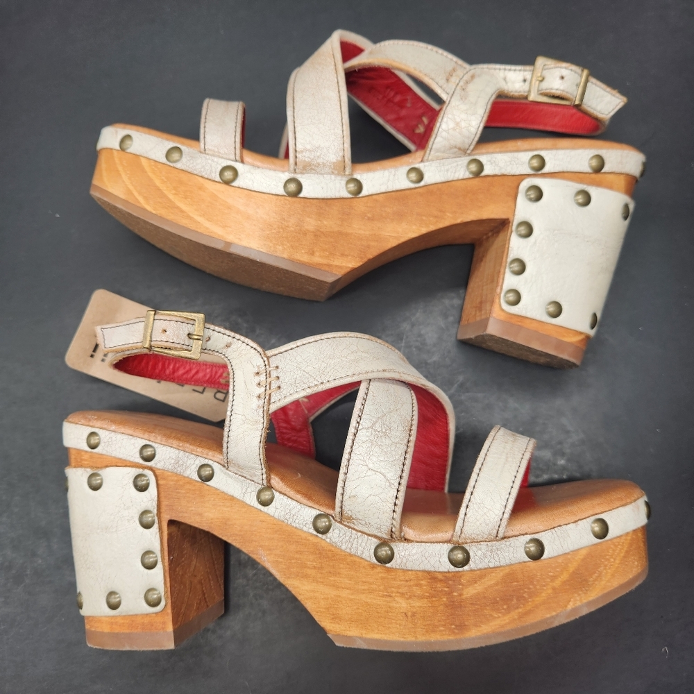 BED|STU Cream Leather Studded Wood Platform Heels with Red Lining